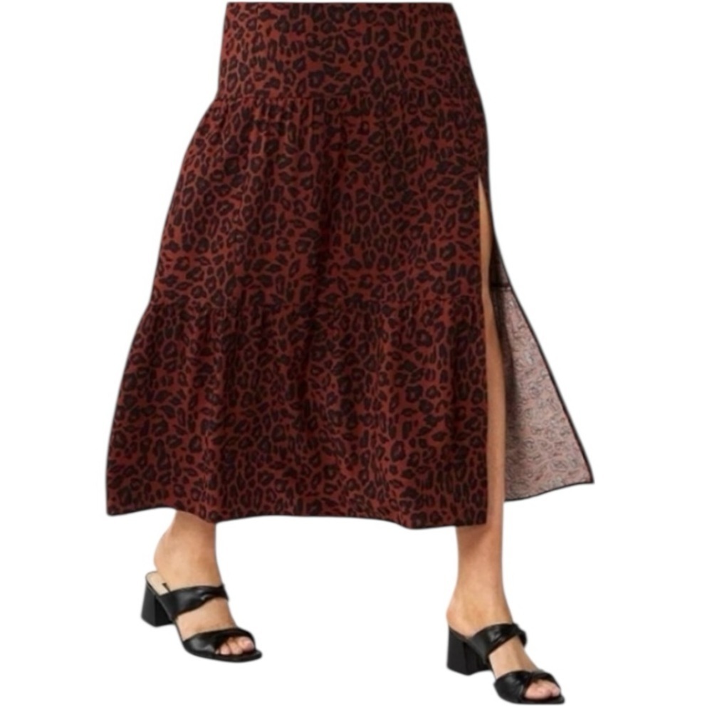 NINE WEST Leopard Print Tiered Maxi Skirt women’s Large Front Slit Fall bohemian
